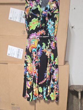 Lauren by ralph Lauren Black Floral Multicolor V-Neck Sundress pleated Skirt